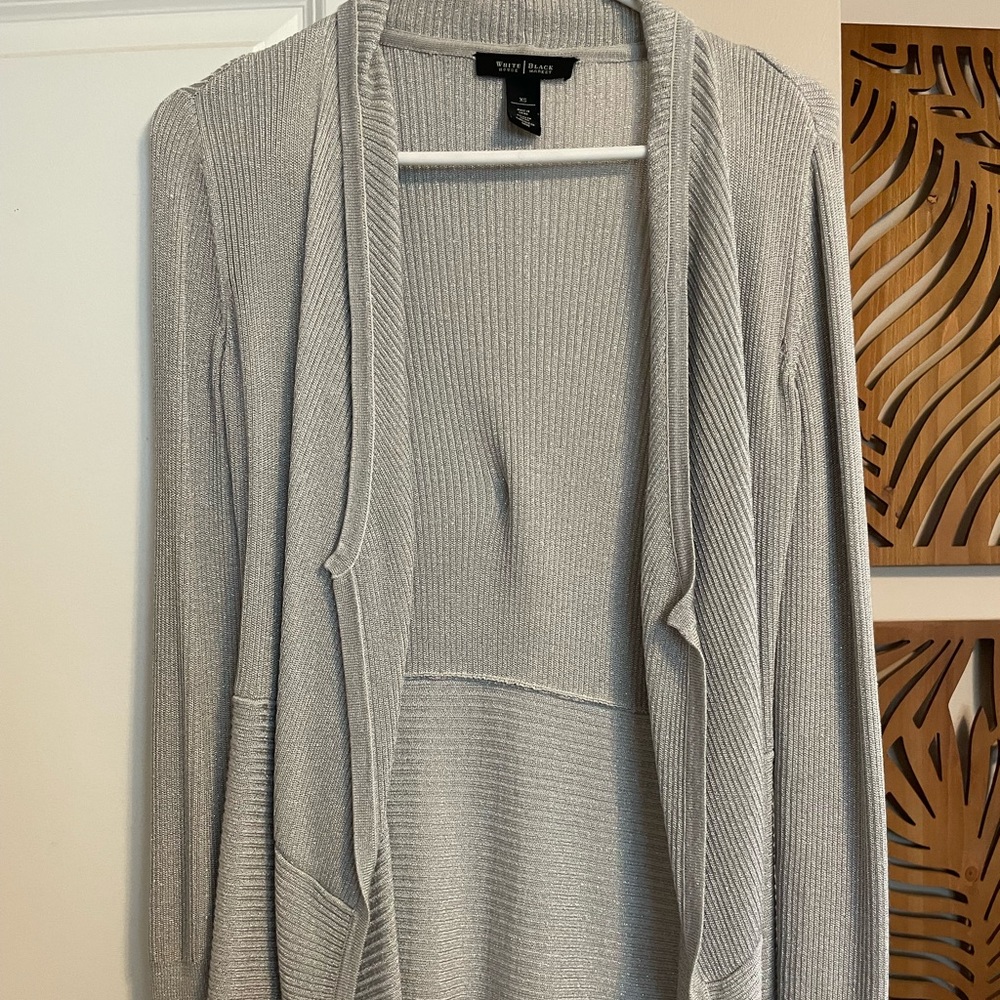 White House Black Market Silver Sparkly Ribbed Open Front Long Cardigan XS